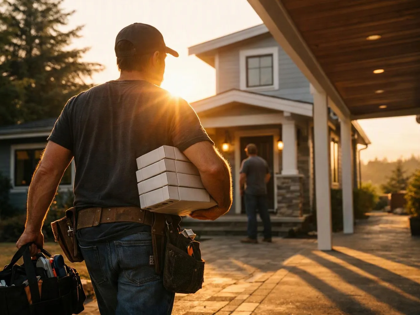 A worker carries pizza boxes and a tool bag toward a house at sunset