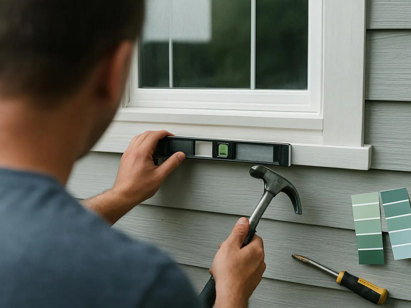 A worker checks a bubble level on a window trim while holding a hammer against gray siding