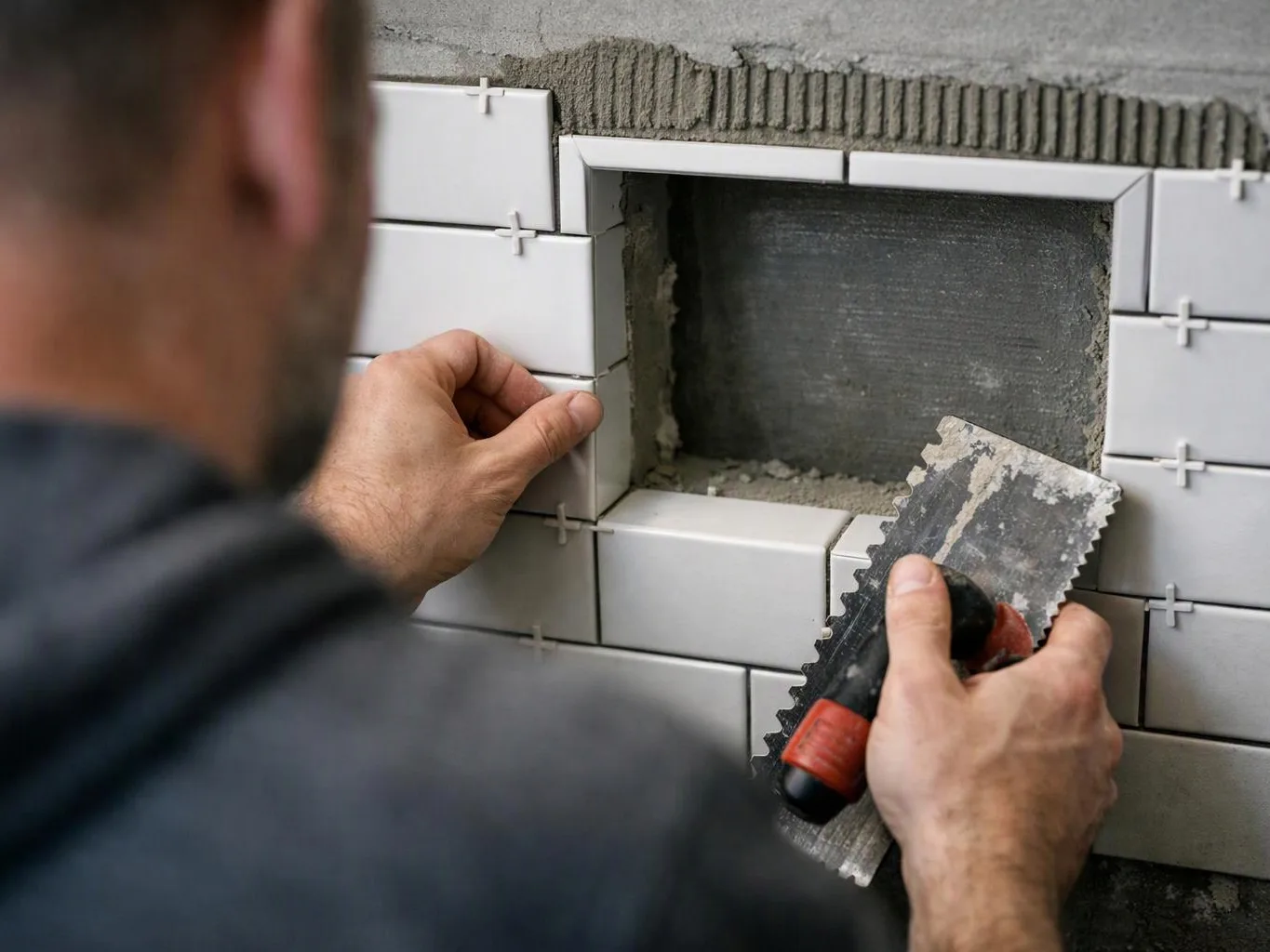 A worker fits white tiles around a rectangular wall opening with a notched trowel in hand