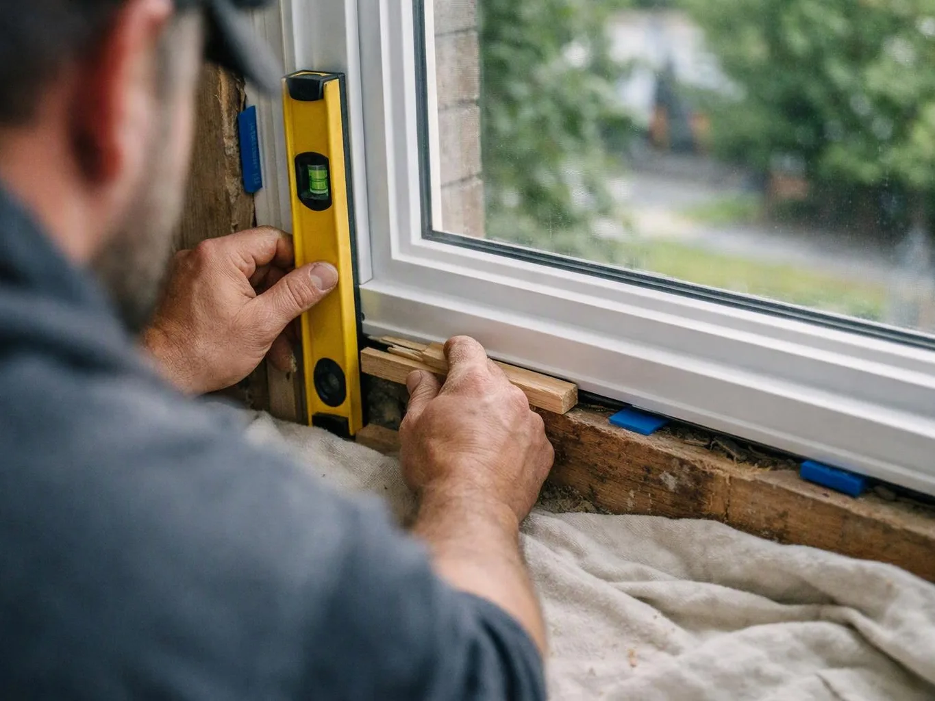 A worker levels a window frame with a yellow spirit level and wooden shims inside a renovation opening