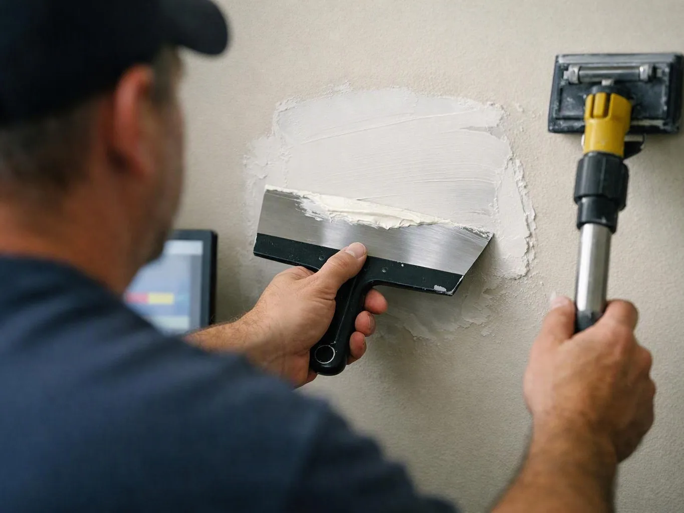 A worker smooths white plaster on a wall with a wide putty knife while holding a paint roller nearby