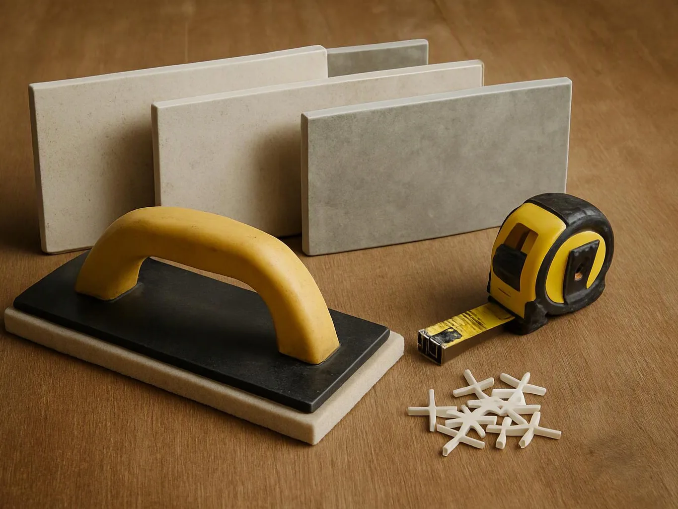 A yellow-handled trowel, tape measure, and spacer clips sit beside stacked tile samples on a wooden surface